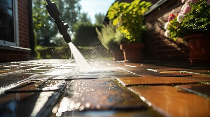 Using a Powerful Water Jet to Immaculately Cleanse the Grime from Terrace Paving - obrazy, fototapety, plakaty