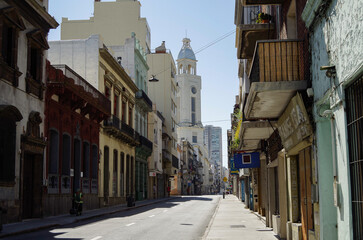 Urban street view with historic house building facades cityscape in downtown Montevideo, Uruguay...