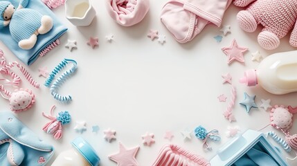 Elegant Pink and Blue Baby Shower Frame with Delicate Baby Dolls and Clothes, Ideal for Celebrating Newborn Parties and Baby Birthdays
