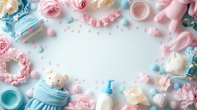 Elegant Pink and Blue Baby Shower Frame with Delicate Baby Dolls and Clothes, Ideal for Celebrating Newborn Parties and Baby Birthdays
