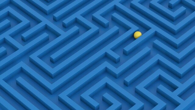 Blue maze isometric view. Yellow ball rolls through the labyrinth. Maze concept.