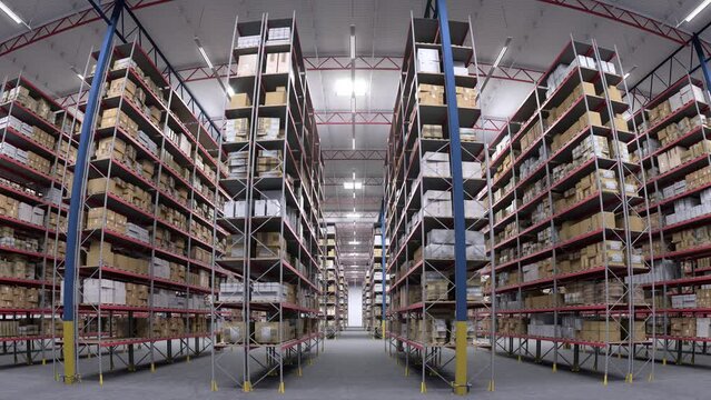 Modern warehouse interior fisheye view. Huge modern distribution center wide view. 