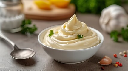 A Close-Up of Delicious Mayonnaise in a Bowl with a Spoon, Set on a Kitchen Table - obrazy, fototapety, plakaty