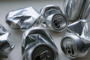 The crumpled empty drink cans or aluminum beverage cans. Selective focus. 