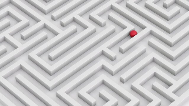 Ball rolls through the white maze. Red ball finding way in the labirynth. Maze geometric concept.