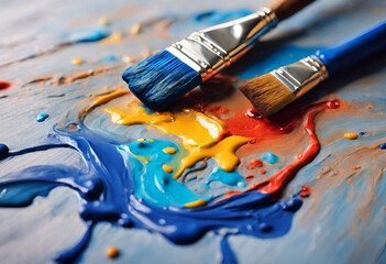 Fototapeta premium Colorful Expressions: Exploring the Art of Mixing Colors – A Creative Concept with Paint Brush and Oil or Acrylic Paint on a Palette, Featuring Blue Tones and Captivating Depth of Field