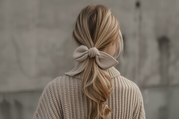 blonde woman from the back with a ponytail and a bow wearing cashmere sweater, neutral colors close up - obrazy, fototapety, plakaty