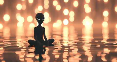 Meditative Moment: Alien in Lotus Yoga Pose with Candles and Room for Text.. Generative AI