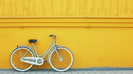 A Retro Bicycle Against the Quaint Backdrop of a Yellow Outdoor Wall - obrazy, fototapety, plakaty