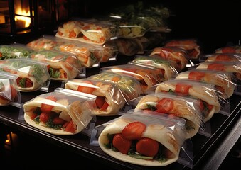 Packaged fresh sandwiches with vegetables and strawberries on a catering display with fire