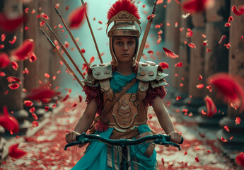 Fototapeta premium Legionary on a Bicycle - Navigating the Urban Jungle with an Ancient Spirit. Generative AI