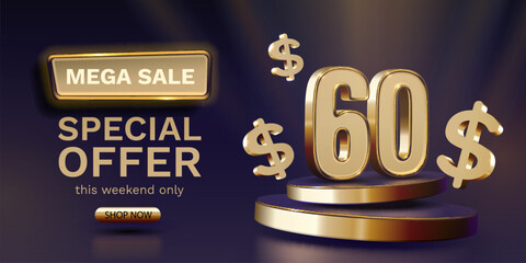 Coupon special voucher 60 dollar, Check banner special offer. Vector illustration