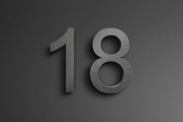 3D black stone logo design of number 18 on dark gradient color.