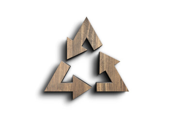 3D wooden logo of recycle shape design on white background.