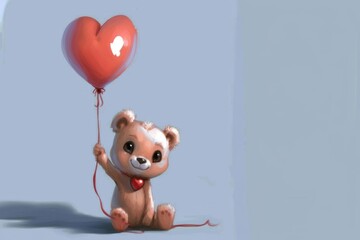Cute teddy bear with a heart shaped balloon on a blue background Generative AI