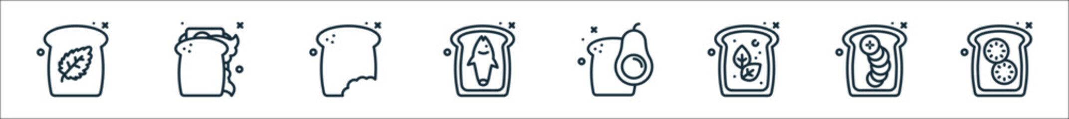 outline set of toast line icons. linear vector icons such as toast, sandwich, toast, - obrazy, fototapety, plakaty