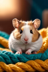 Сlose up hamster resting on sofa under knitted blanket.