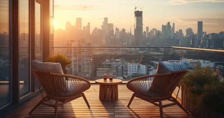 Unwind in Balcony Chairs with a Sweeping View of the Cityscape - obrazy, fototapety, plakaty