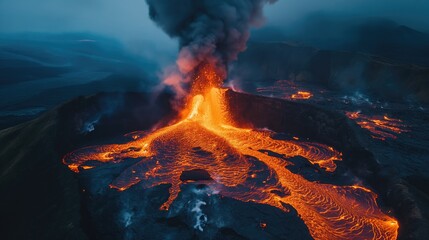 Aerial view by drone of lava river from volcano