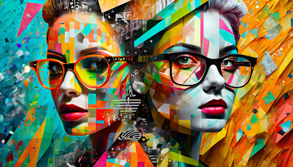 abstract background paintings, abstract art , portrait woman's face, full of color , poster for wall