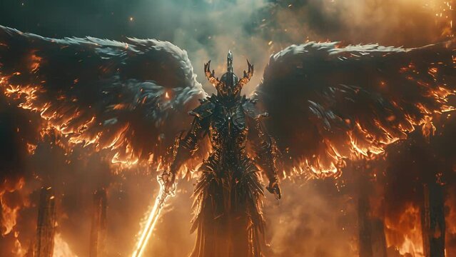 The leader of the Gothic warrior angels with their fiery wings and gleaming sword stands at the front of their army ready to command.