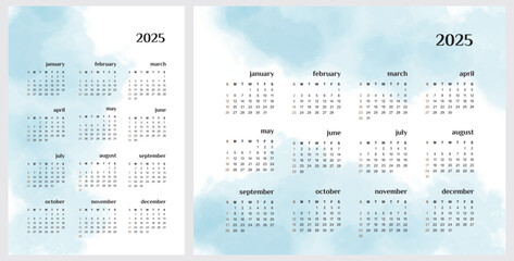 2025 Calendar. Set of 2 Simple Calendars on White Background With Pastel Blue Watercolor Painting-like Stain. Vector Print with English Annual Calendar Divided Into Months. 
