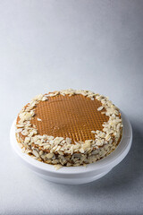 A delicious cake in a restaurant. Close-up