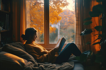 A person enjoys reading a book in a comfortable nook by the window, with a serene autumnal landscape visible outside.
 - obrazy, fototapety, plakaty