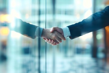 close up image of two business people shaking hands on a glass wall, in the style of motion blur panorama, 