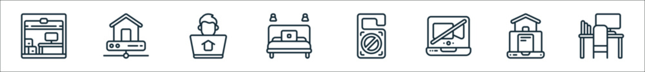 outline set of remote working line icons. linear vector icons such as office, house, laptop, home, , laptop, laptop, desk