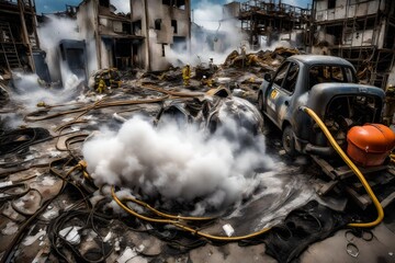 Illustrate the urgency of a chemical incident aftermath, showcasing emergency responders in action amidst the chaos.