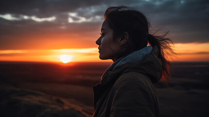 A woman in the stunning sunset, Generative AI