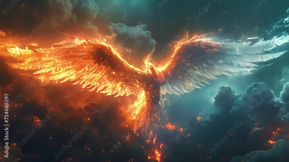 Wall mural a heavenly being with wings of iridescent embers representing the strength and resilience of the pho