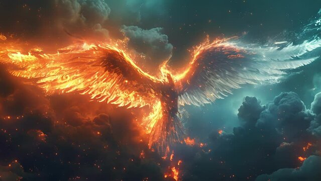A heavenly being with wings of iridescent embers representing the strength and resilience of the phoenix.