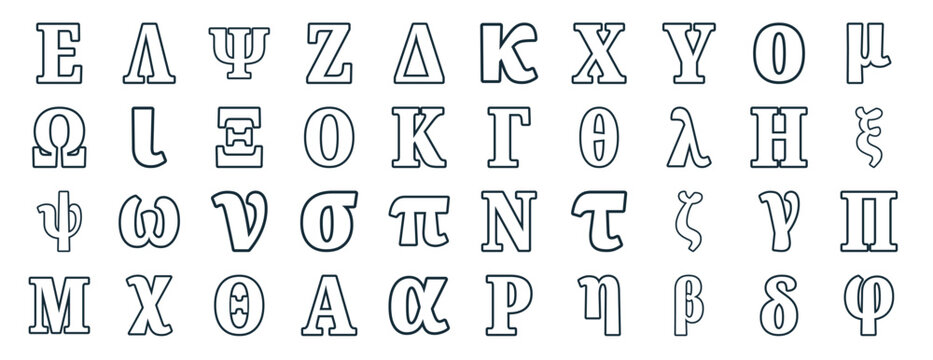 set of 40 outline web greek alphabets icons such as lambda, omega, psi, mu, eta, mu, kappa icons for report, presentation, diagram, web design, mobile app