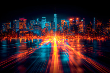 Futuristic neon city skyline isolated on black background Created with generative AI.