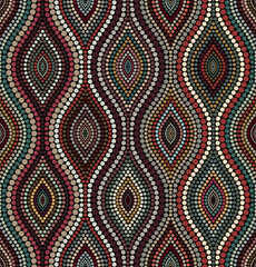 Seamless repeating pattern with a geometric motif of concentric dotted wavy lines on a black background. Ethnic style design. Multicolored drop shape elements.
