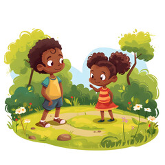 Black children playing in a neighborhood park isolated on white background, cartoon style, png
