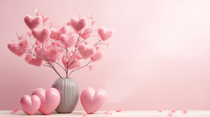 Blooming pink heart flower with beautiful decoration in modern vase on table