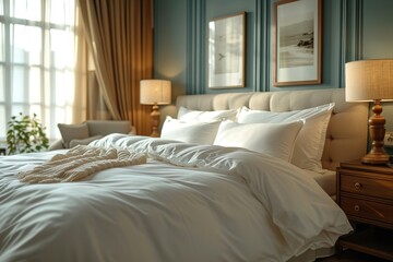 Clean Bedding sheets and pillow on natural wall room background. White bedding and pillow in hotel room. White soft pillows on comfortable bed indoors