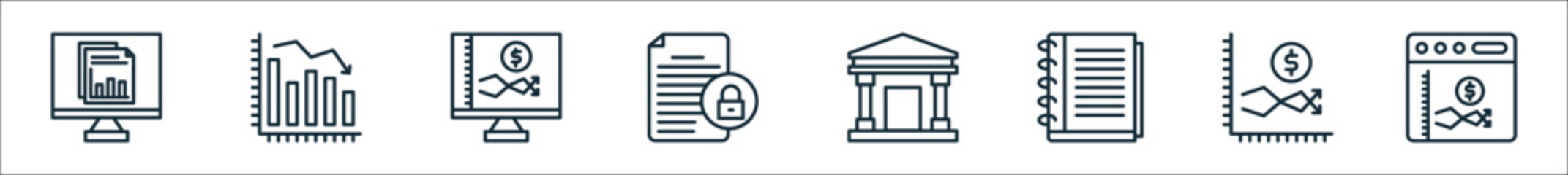 outline set of business line icons. linear vector icons such as statistics, diagram, online, security, bank, accounting book, stock market, stock market - obrazy, fototapety, plakaty