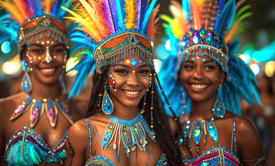 Beautiful carnival  Dancers in outfit with feathers and wings enjoying the parade, smiling to crowd