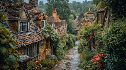 Fototapeta premium Beautiful idyllic old English village street with cottages made of stone and front gardens with flowers