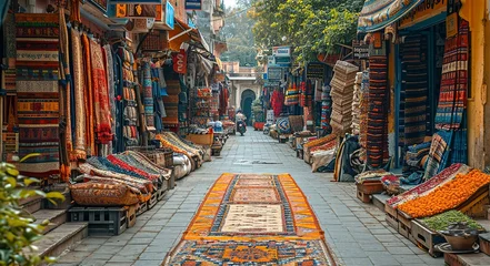 Fototapeten Old narrow street of the traditional Arabian Bazaar Market. Small shops are selling ceramics, carpets, spices fruits and souvenirs © IRStone