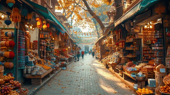 Old narrow street of the traditional Arabian Bazaar Market. Small shops are selling ceramics, carpets, spices fruits and souvenirs