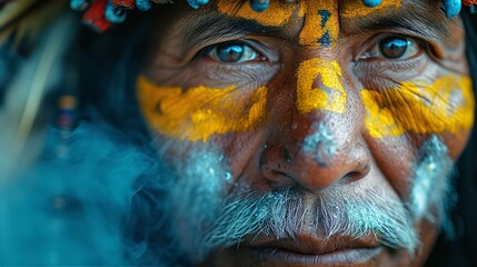 Portrait of old tribe man with wise eyes, head decoration and traditional face painting