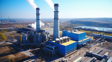 Industrial landscape, with Traditional thermal power plant generating heat, producing steam and smog at sunset. Environmental concept