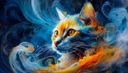 Visage d'un chat avec des éclaboussures de peinture bleutée et orangée