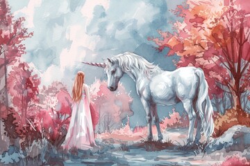 White unicorn and princess watercolor hand drawn illustration