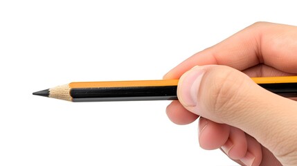 A white hand holding a pencil isolated on a white background